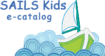 Sailboat in bubbly water with SAILS Kids e-catalog written